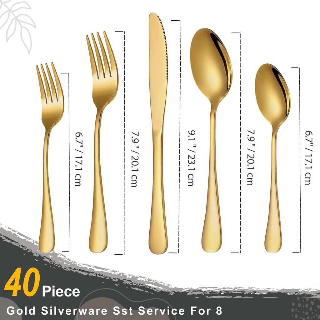 40-Piece Gold Flatware Set, Stainless Steel Cutlery Set for 8