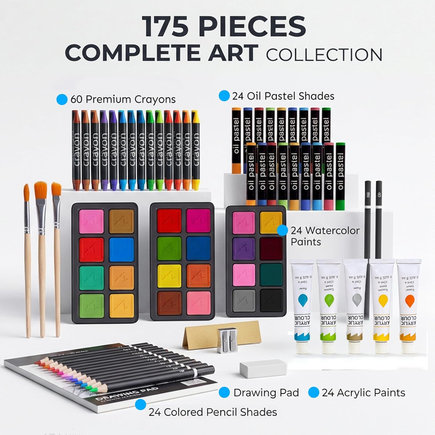 Art Supplies, 175-Pack Deluxe Art Set Drawing Painting Kit with 2 Drawing Pads, Acrylic Paints, Colored Pencils