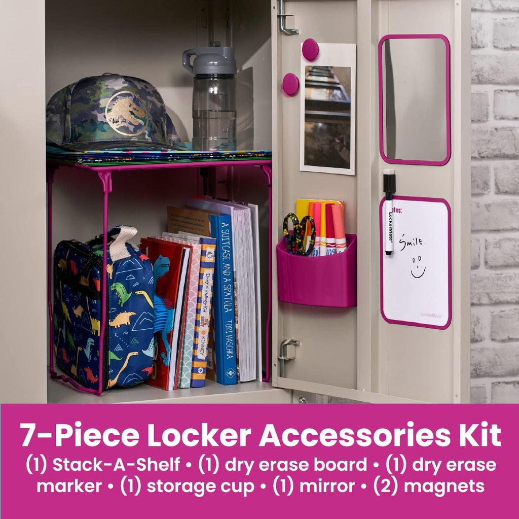 7-Piece Locker Organizer Kit, Includes Locker Shelf, Mirror, Whiteboard, Storage Cup & Dry Erase Marker, Pink