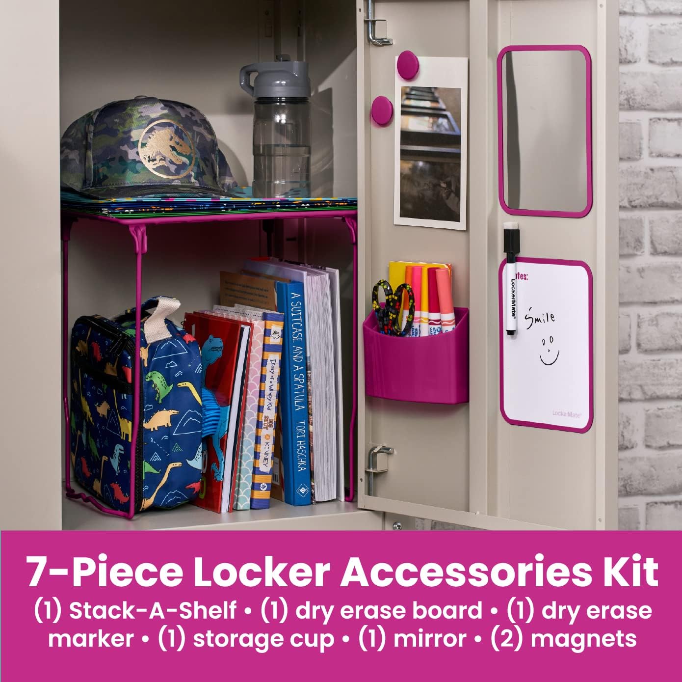 7-Piece Locker Organizer Kit, Includes Locker Shelf, Mirror, Whiteboard, Storage Cup & Dry Erase Marker, Pink