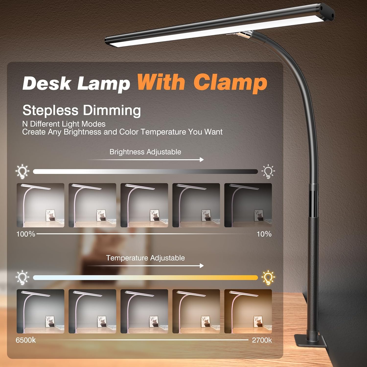 LED Desk Lamp with Clamp, 17" Stepless Dimming Light, Black | 2700K-6500K, 100 LEDs, 360° Gooseneck, Fits Up to 30"
