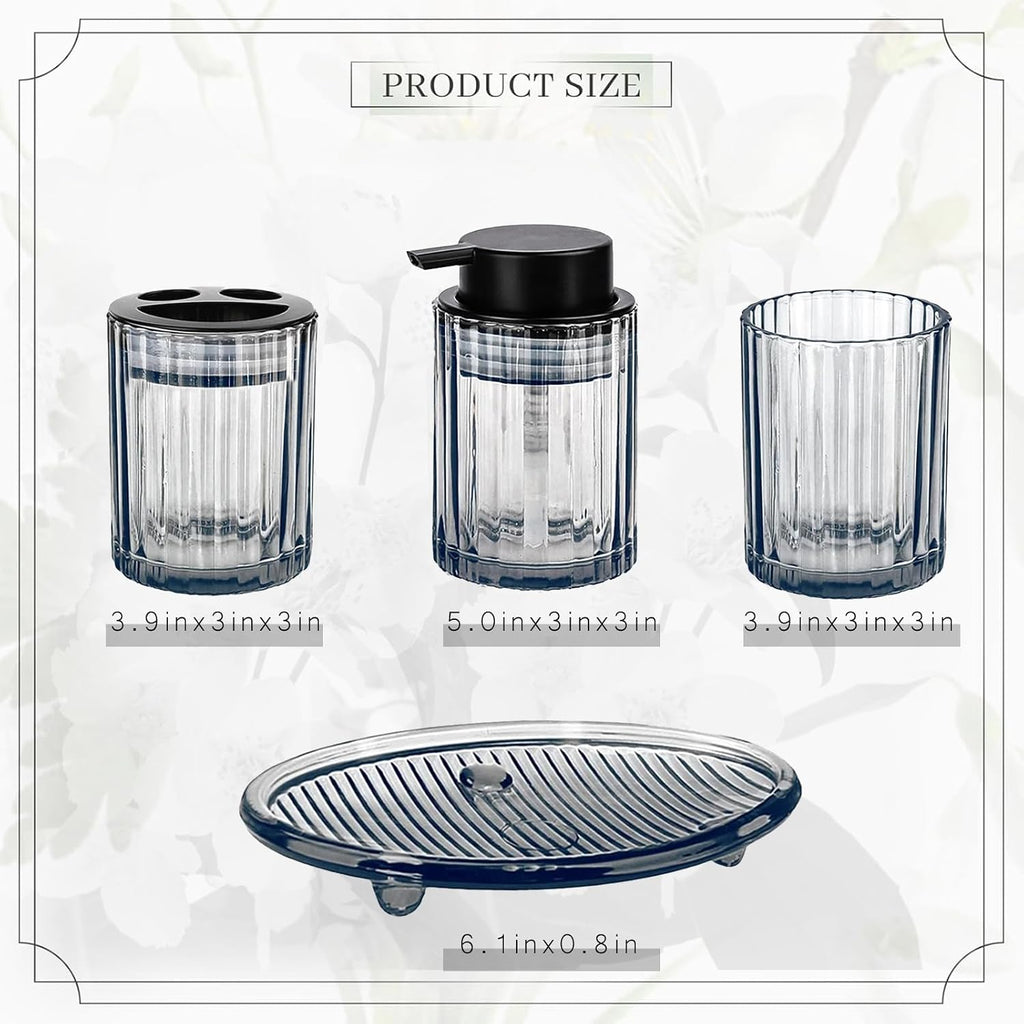 Bathroom Accessories Set, 4 PCS Glass Bathroom Set,Black Grey | Includes Soap Dispenser, Toothbrush Holder