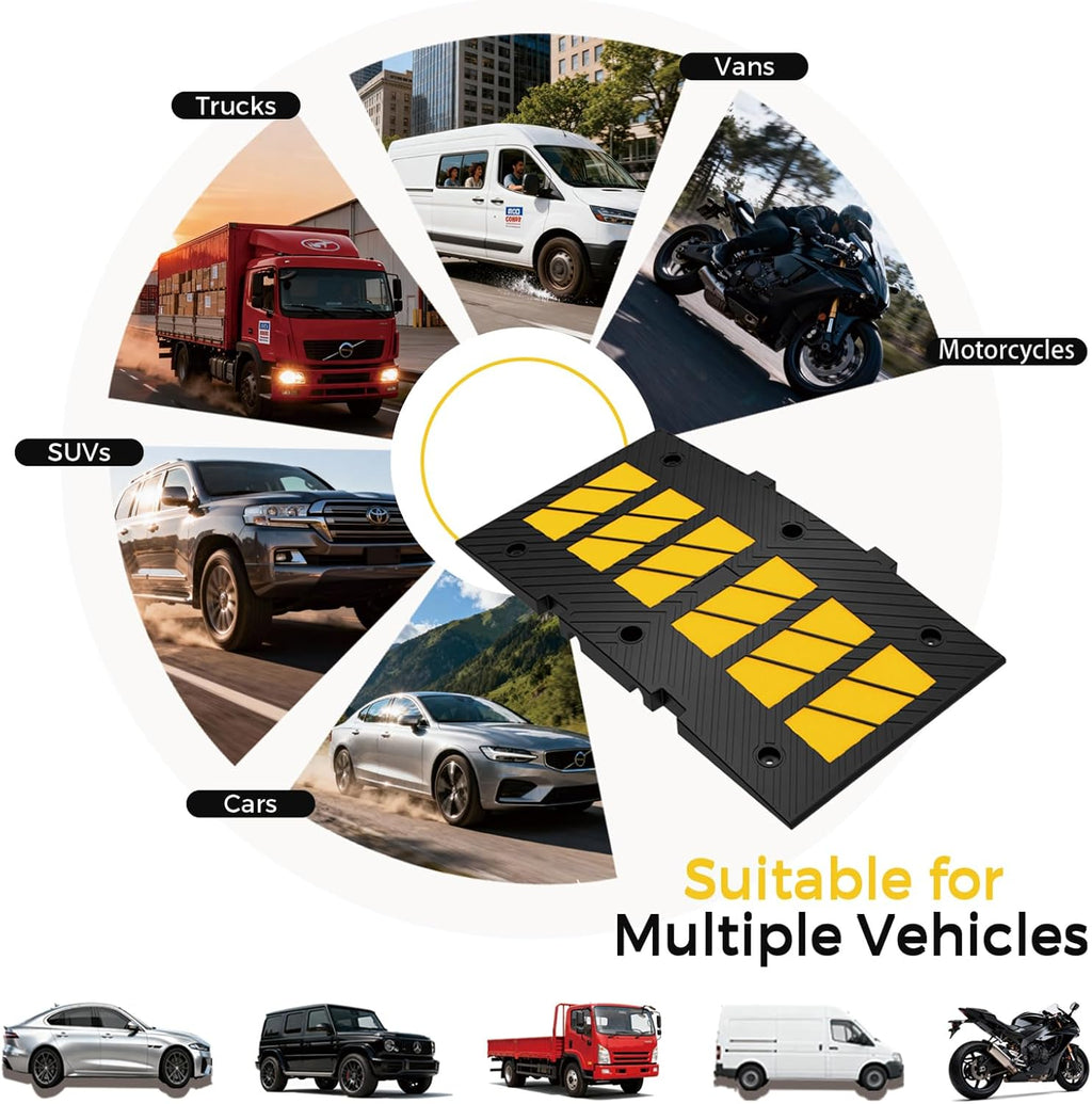 35" Heavy Duty Rubber Speed Bump, 2" High Traffic Speed Hump | Reflective Traffic Speed Hump with Mounting Bolts for