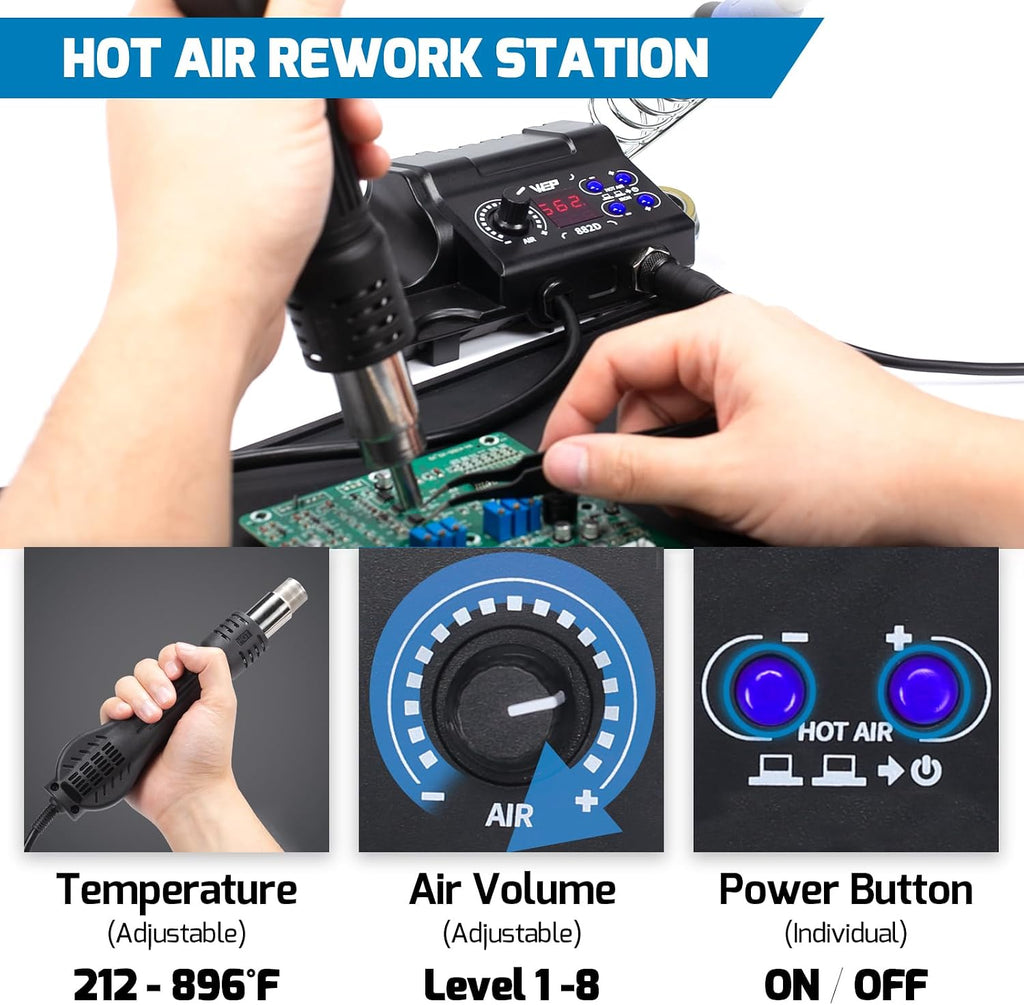 882D Soldering Iron Station 2-IN-1 SMD Hot Air Rework Station with 2 Spools of Solder Wire, 5 Soldering Tips, 3 Hot