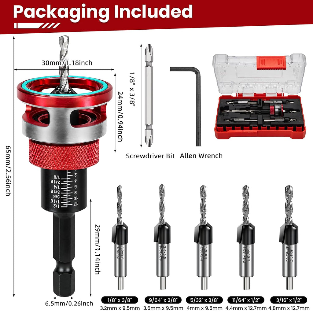 Countersink Drill Bit Set with Depth Stop, 5 PCS TCT Cutters & HSS Bits
