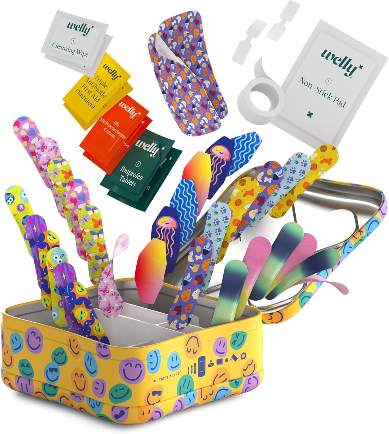 First Aid Kit | FSA Eligible | Adhesive Flexible Fabric and Waterproof Bandages, Tape and Non-Stick Pads, Butterfly
