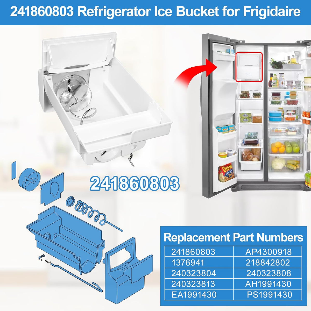 Upgraded 241860803 Refrigerator Ice Bucket Compatible with Frigidaire Ice Maker Replacement Ice Bin Container Auger Assembly AP4300918 LFSS2612TF0 FFSS2615TS0 FFHS2611PFEA LFSS2612TE0 Ice Maker Parts