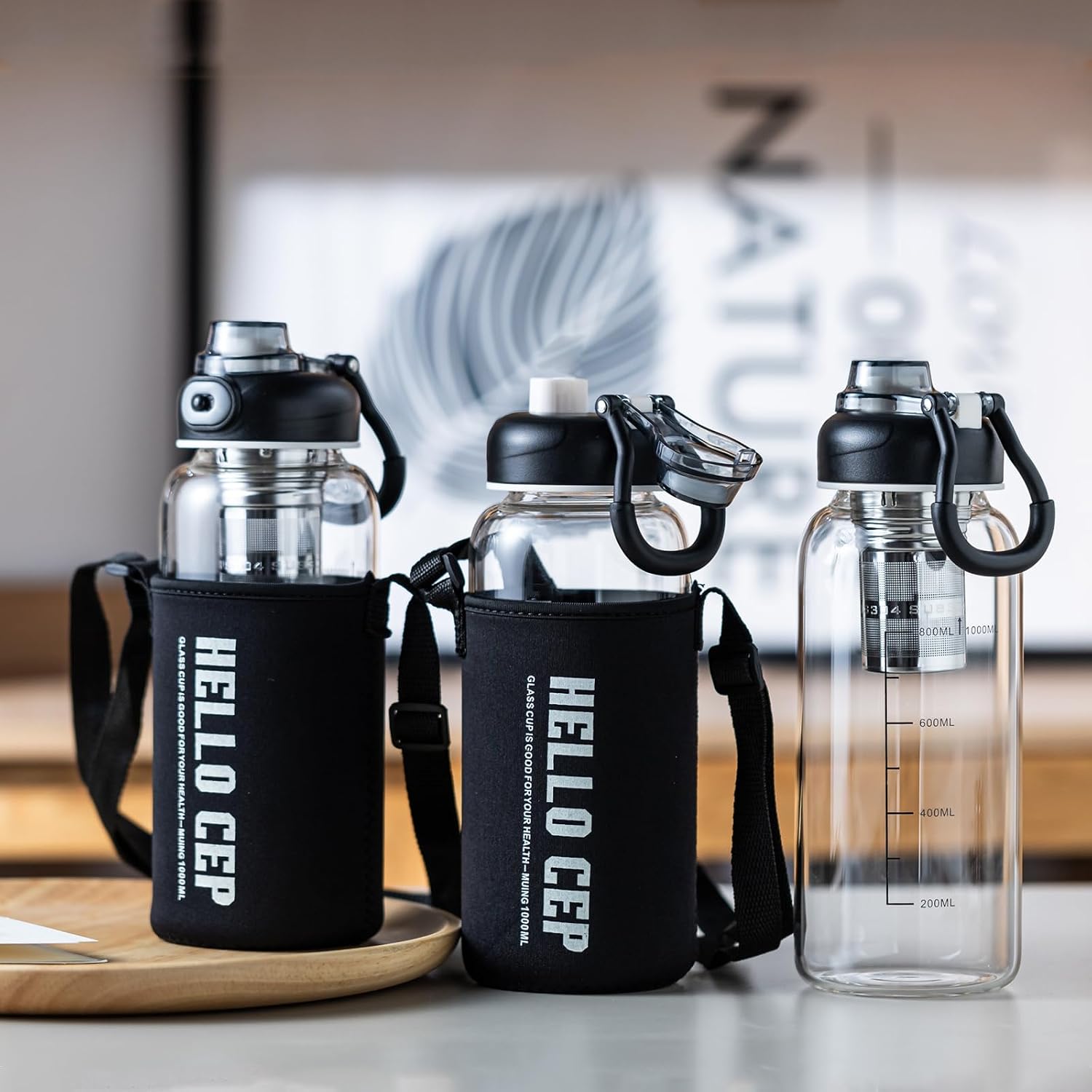 34oz Glass Water Bottle with capacity Mark & Stainless Steel Tea Strainer-Large Capacity for Hot/Cold