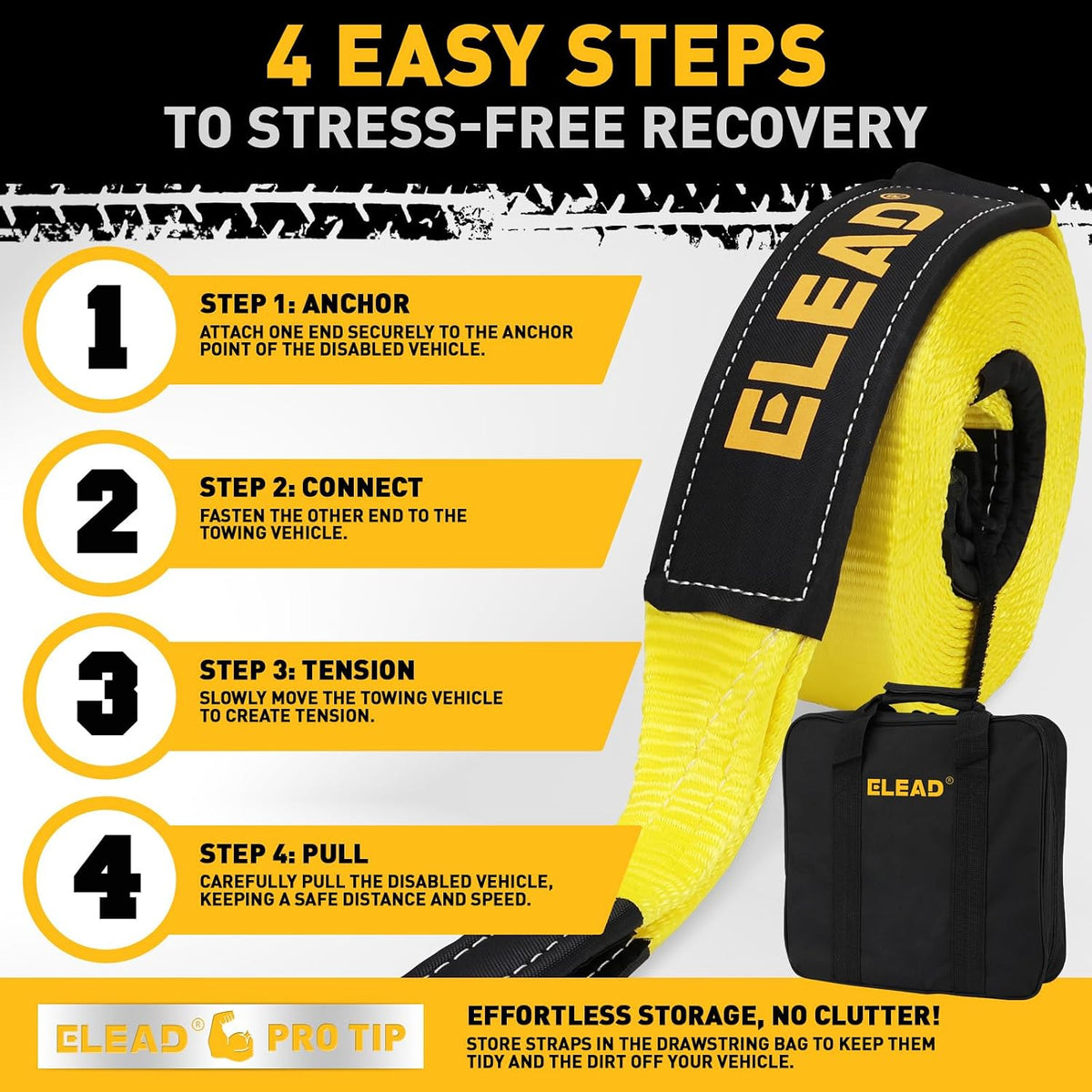 3" x 30Ft Recovery Tow Strap Heavy Duty with Hooks - 36000 LBS Break Strength, 2" Shackle Hitch Receiver + 3/4 D Ring