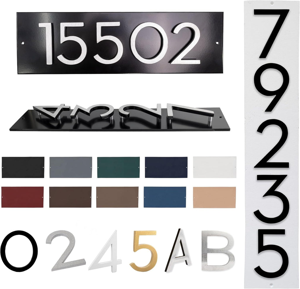 Personalized Floating Aluminum Address Sign Plaque - Custom House Numbers | Horizontal or Vertical. 3", 4", 6", 8"