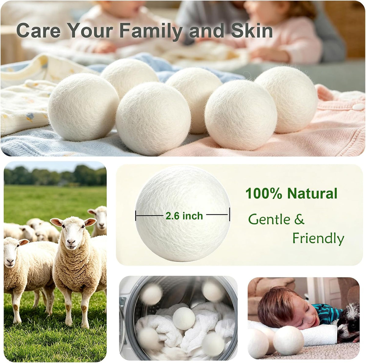 Wool Dryer Balls 6 Pack, 100% New Zealand Wool to Core