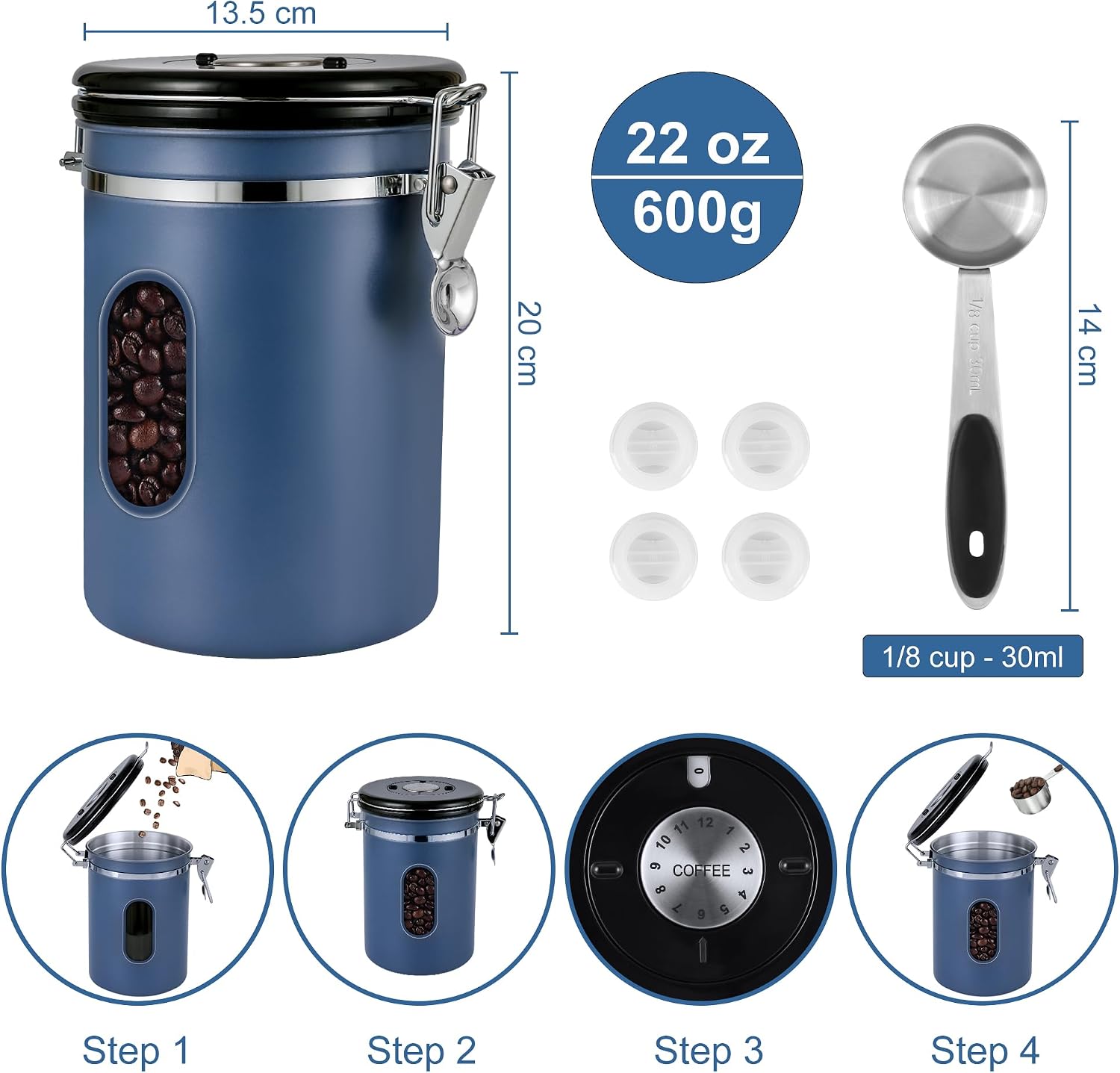 1800ML Airtight Coffee Canister with Date Tracker&Transparent Window, 22.8OZ Coffe Beans Storage with 30ML Measure