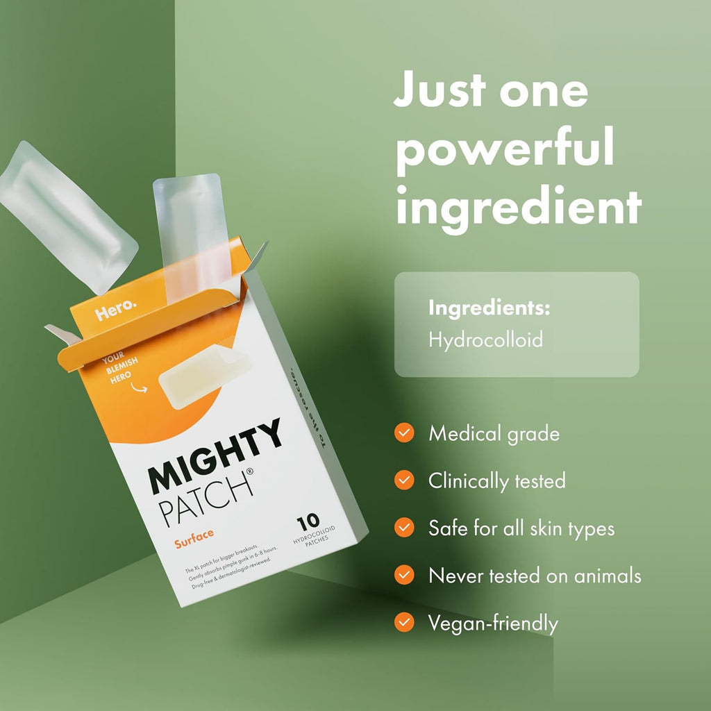 Hero Cosmetics Mighty Patch Surface Large Acne Pimple Patches, 10 Ct | Multi-Blemish Acne Spot Patch; For Cheek