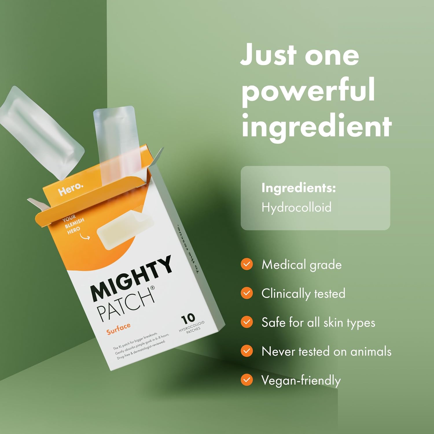 Hero Cosmetics Mighty Patch Surface Large Acne Pimple Patches, 10 Ct | Multi-Blemish Acne Spot Patch; For Cheek