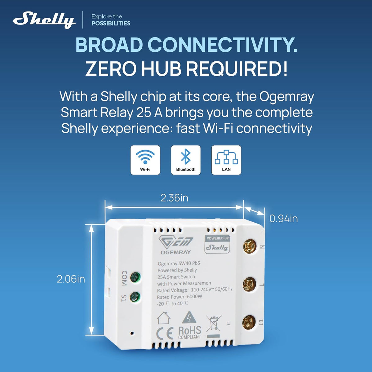 Ogemray Smart Relay Switch, 25A, Power Metering, Wi-Fi & Bluetooth, 6000W