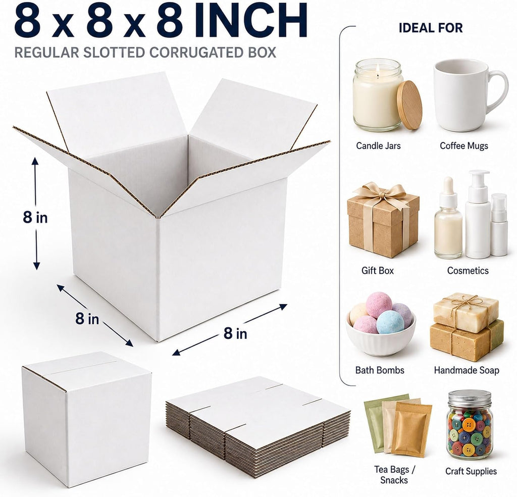 8x8x8 White Shipping Boxes, 25 Pack