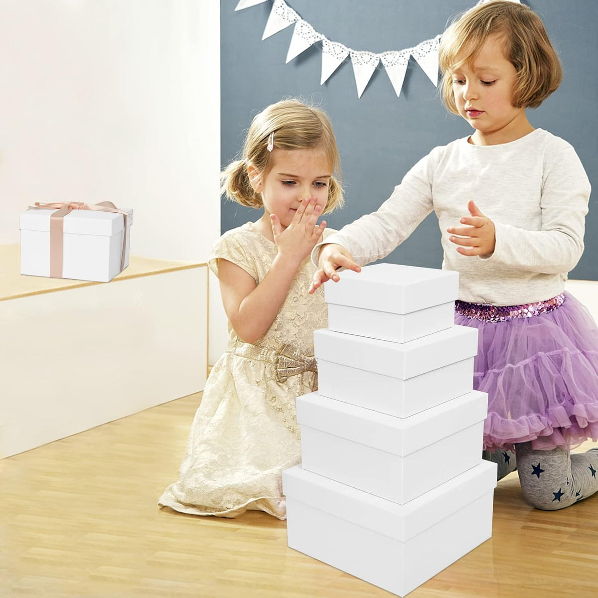 Small White Gift Boxes for Presents 4 Pack Nesting Gift Boxes with Lids，3.7“-6.4“ Assorted Sizes Square Stackable