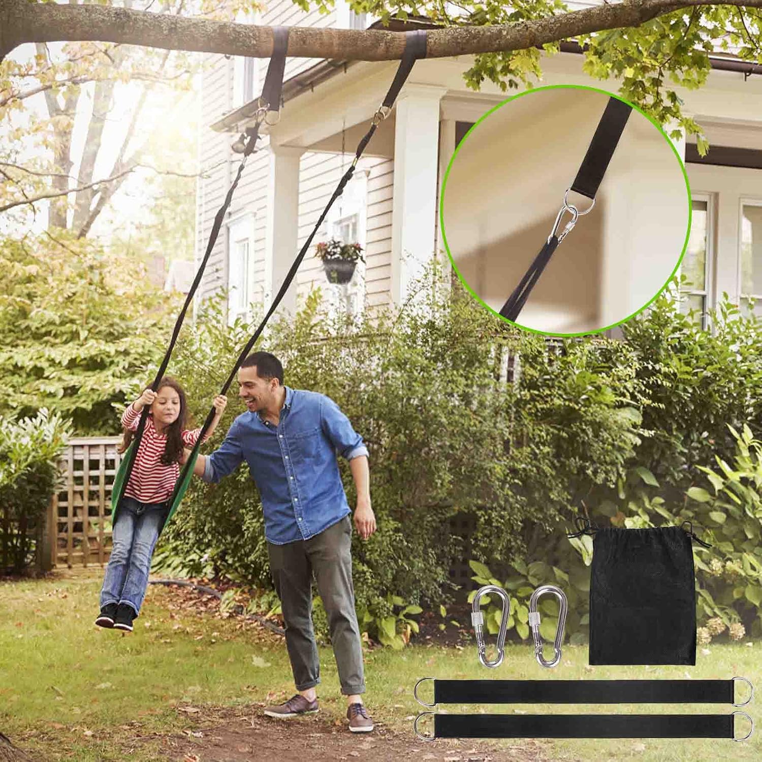 Extra Long Tree Swing Kit, 5FT Premium Nylon Straps Hold 2200LBS, Safety Lock Carabiners, Hammock Hanging Strap Quick