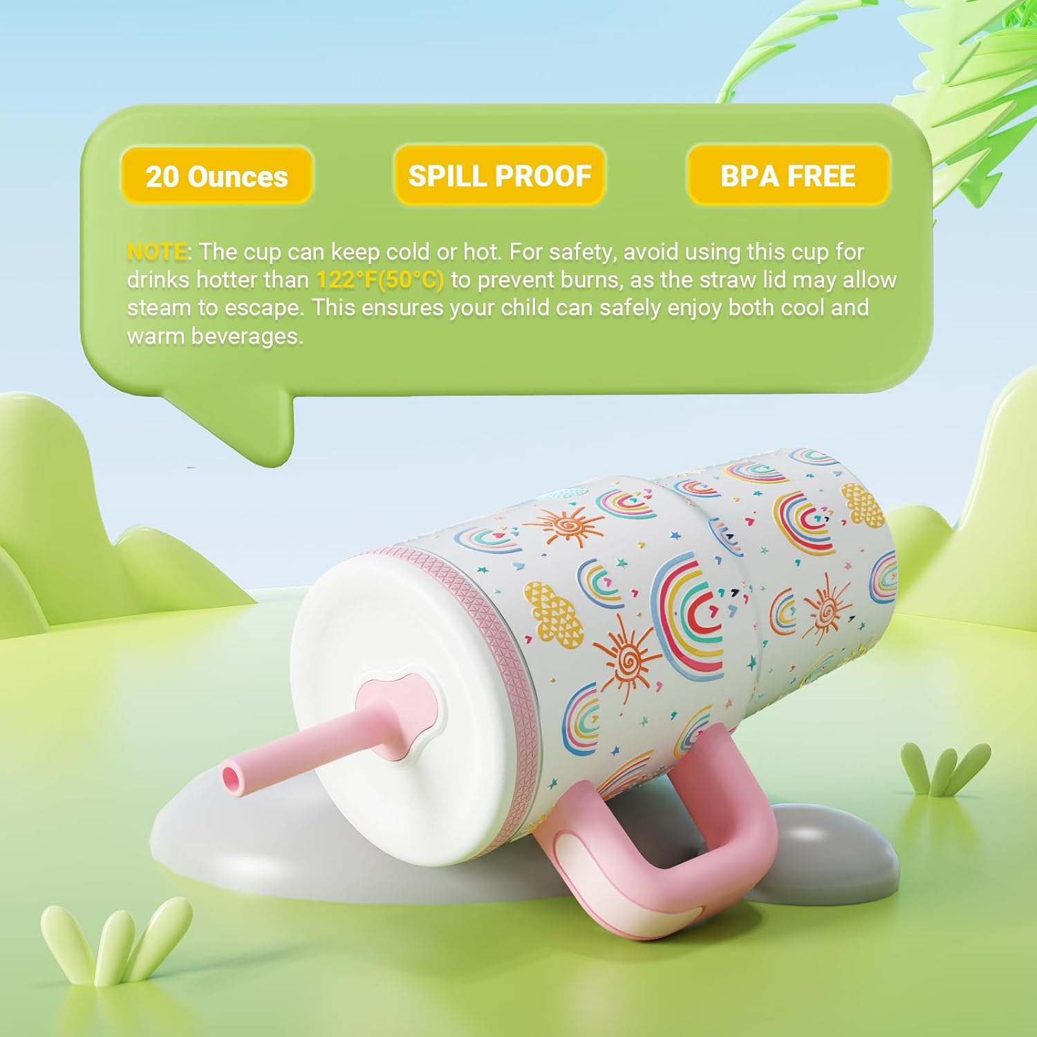 20 Oz Kids Tumbler with Handle, Stainless Steel Cute Water Bottle | Spill Proof Kid Cups with Screw-On Lid and