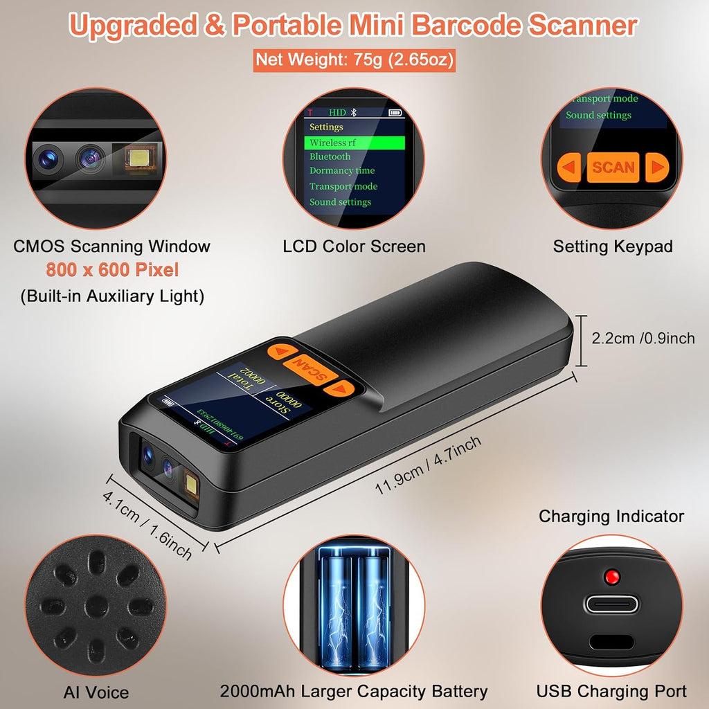 Mini Barcode Scanner, 2D QR 1D Bluetooth Wireless Bar Code Reader | LCD Screen Display & Setting Keypad & AI Voice