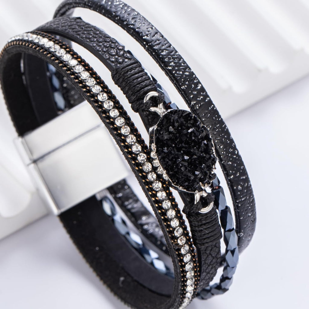 Boho Leather Wrap Bracelet Stackable Chunky Crystal Cuff Bracelets Western Jewelry Summer Beach Outfits for Women