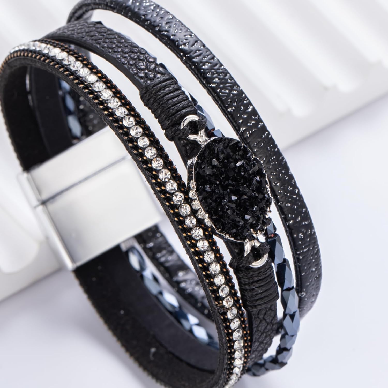 Boho Leather Wrap Bracelet Stackable Chunky Crystal Cuff Bracelets Western Jewelry Summer Beach Outfits for Women