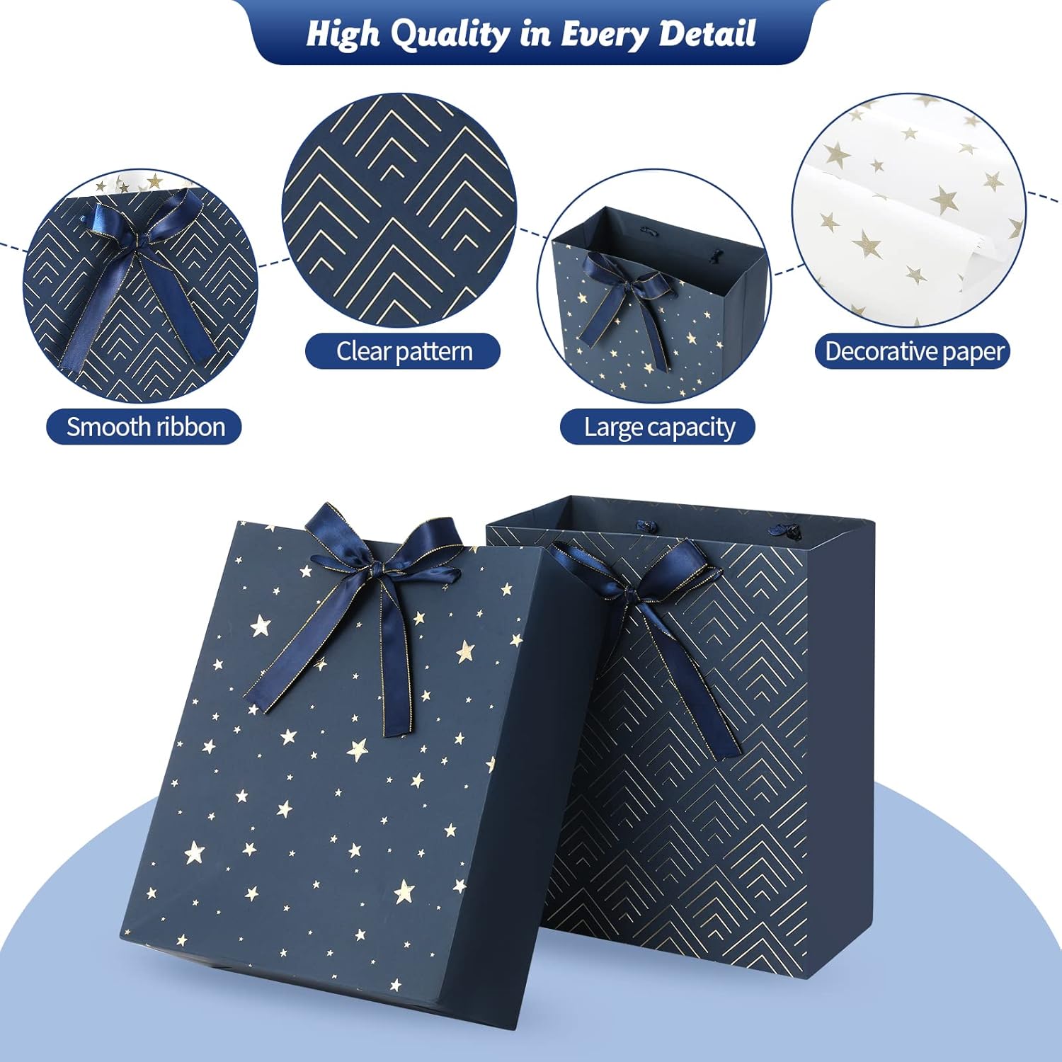 4 Pack 9" Medium Size Gift Bags Assorted Premium Blue Gift Bags with Tissue Paper Use for Birthdays, Baby