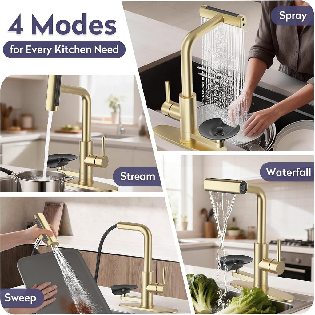 Brushed Gold Kitchen Faucet with Pull Down Sprayer & Cup Washer