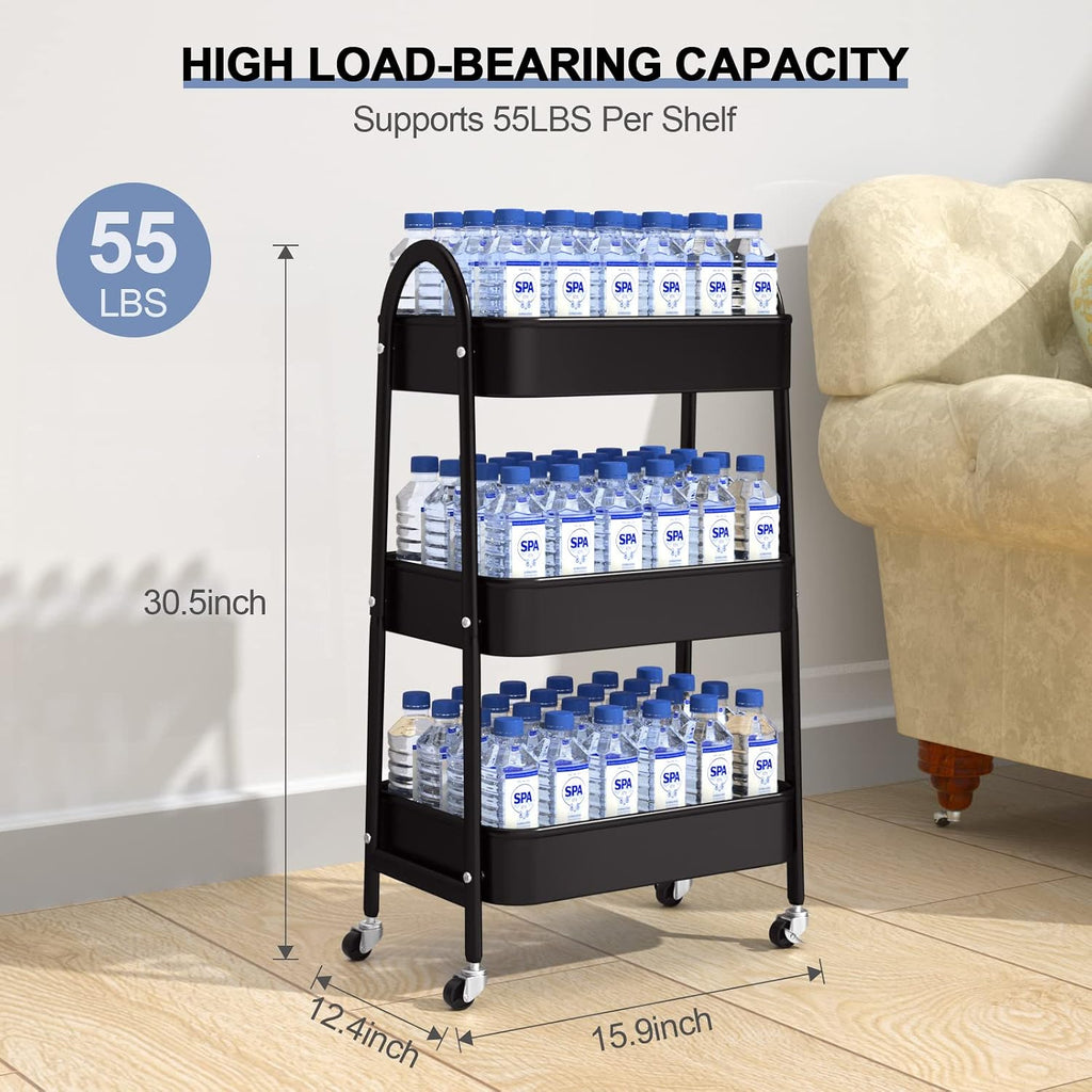 3 Tier Utility Rolling Cart, Metal Storage Cart with Handle and Lockable Wheels, Multifunctional Storage Organizer