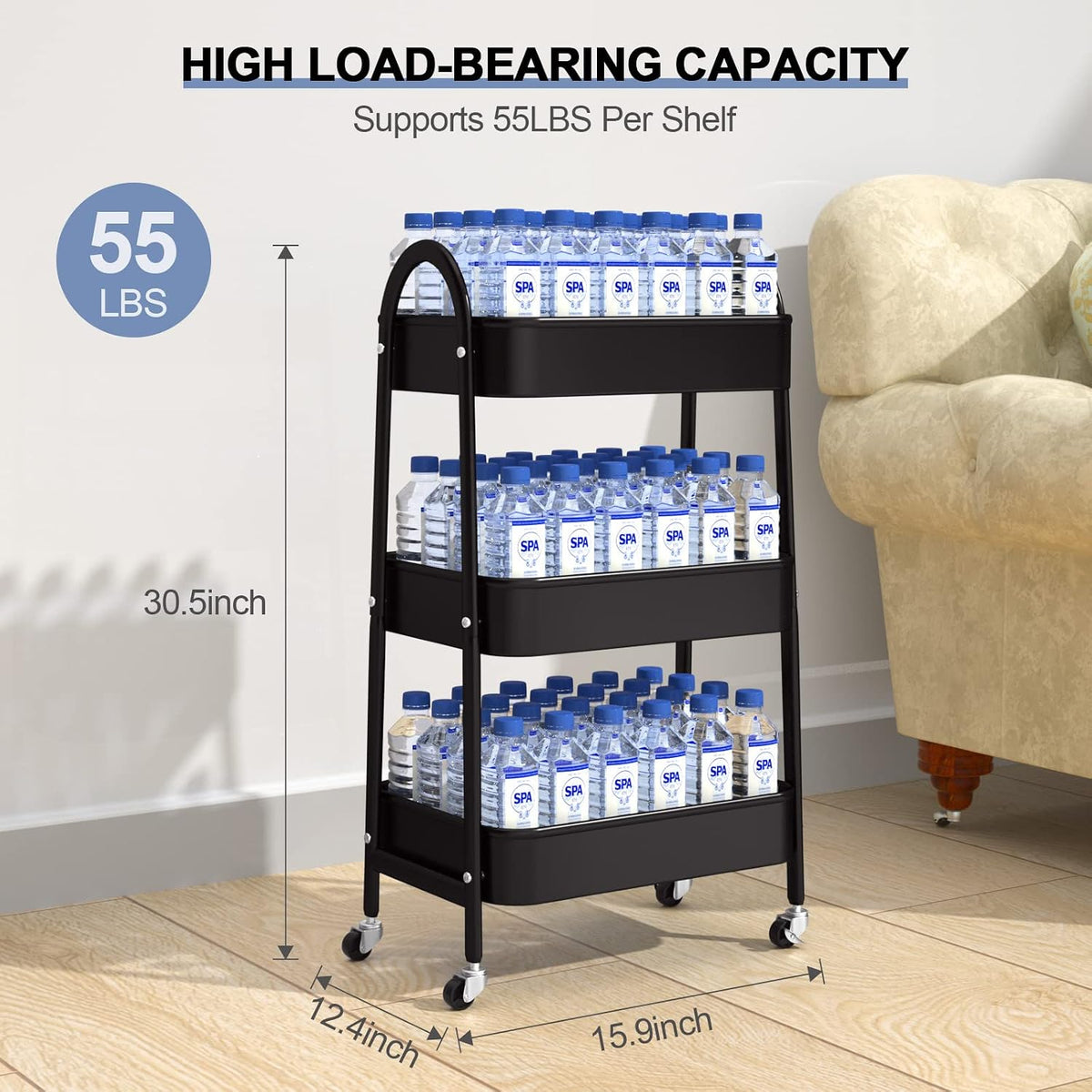 3 Tier Utility Rolling Cart, Metal Storage Cart with Handle and Lockable Wheels, Multifunctional Storage Organizer