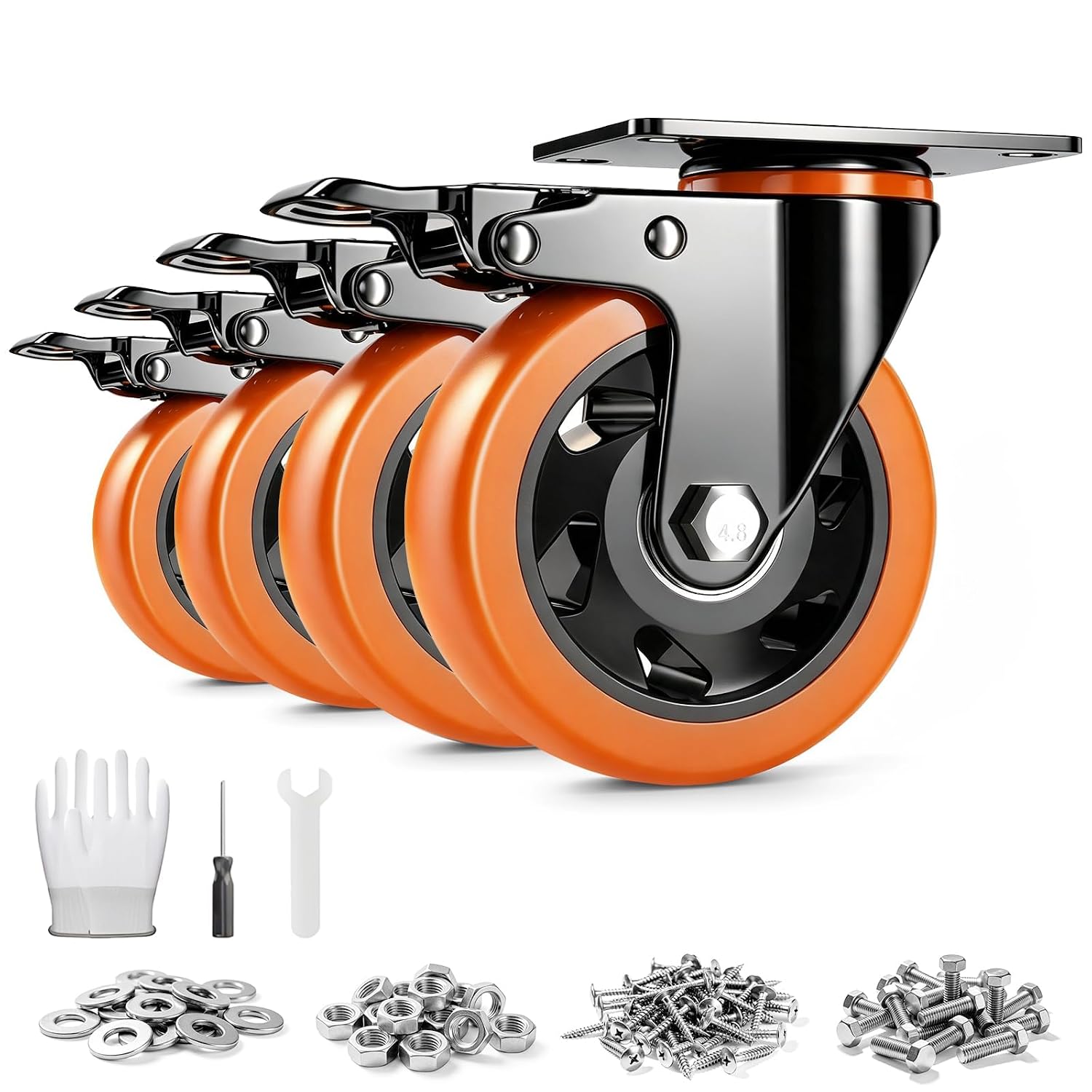 4 Inch Caster Wheels, Heavy Duty Swivel Casters Set of 4 with Brake Load 2200lbs, Industrial Plate Casters, No Noise