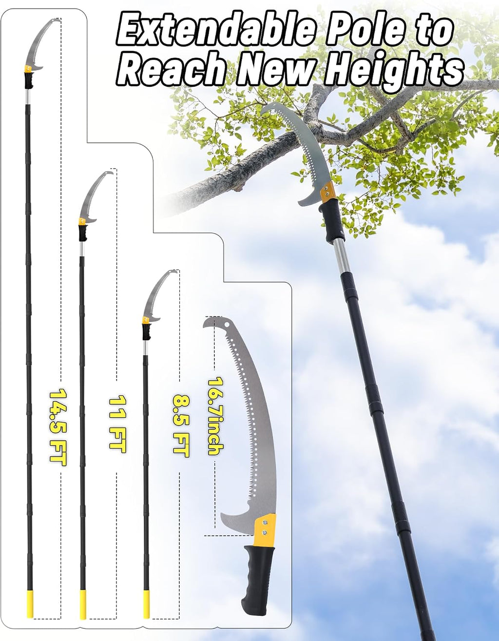 14.5FT Pole Saw with Adjustable Length for Tree Trimming, Lightweight Manual Pruning Saw with Mn Steel Blade, Long