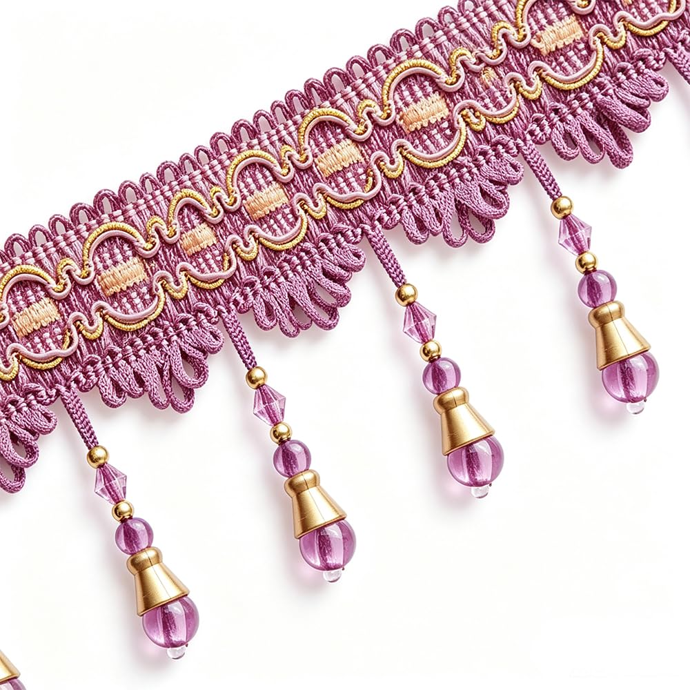 4 Yards Deep Purple Beaded Fringe Trim, Tassel for Sewing DIY