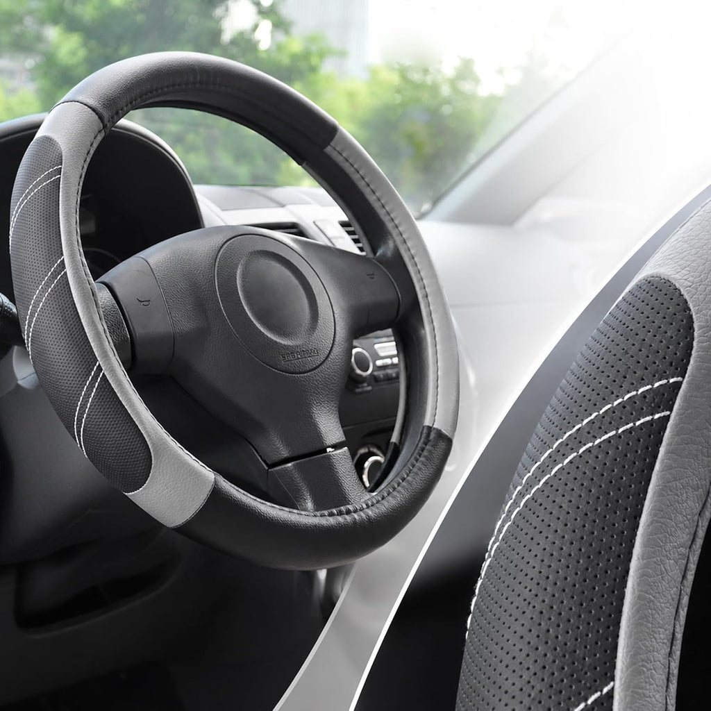 Microfiber Leather Steering Wheel Cover for 14.5" to 15" Wheels, Soft Padded Grip, Textured Anti-Slip Inner Lining