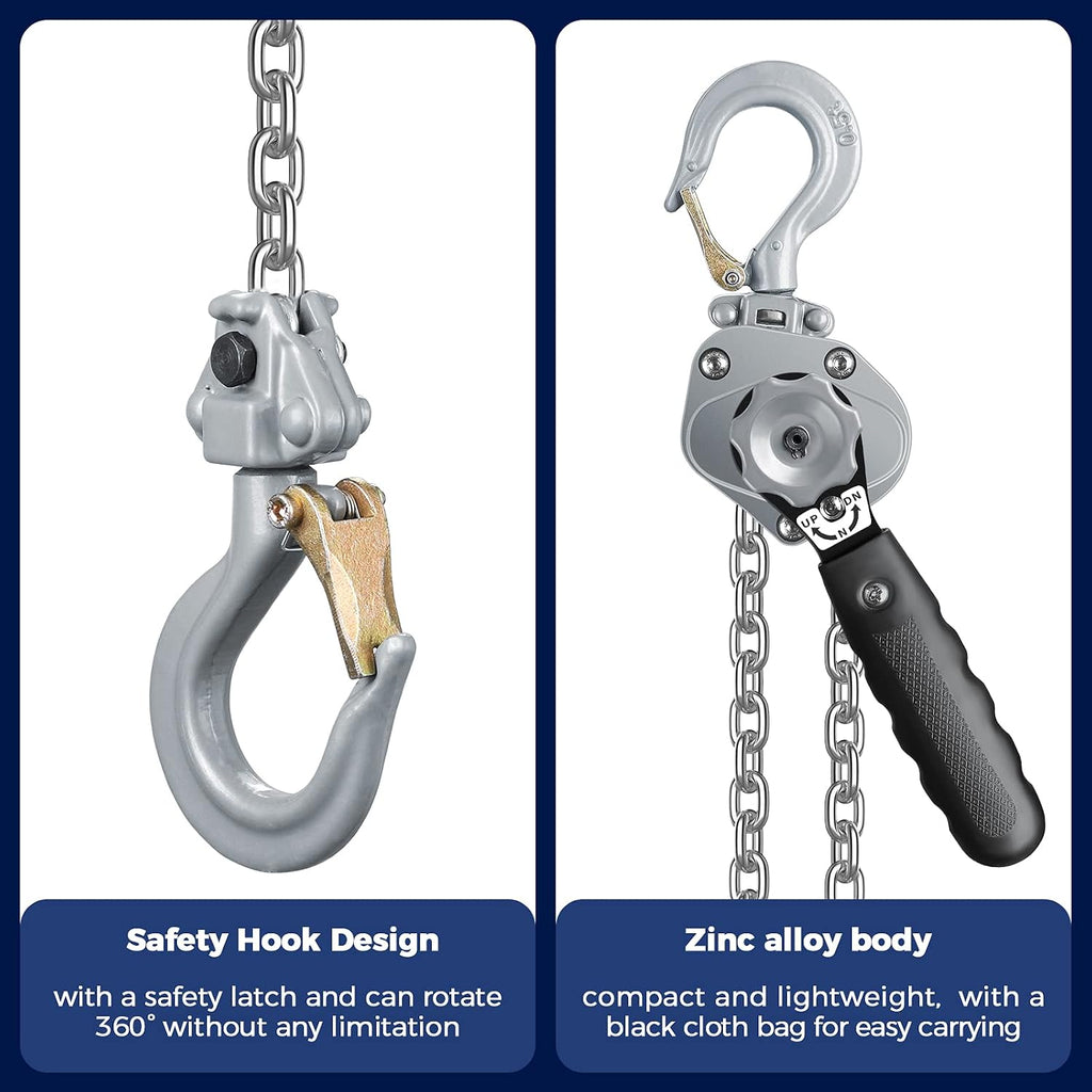 Mini Lever Chain Hoist,0.5 Ton/1100LBS 10FT Manual Come Along Puller | Aluminum Alloy Body with G80 Chain, Equipped