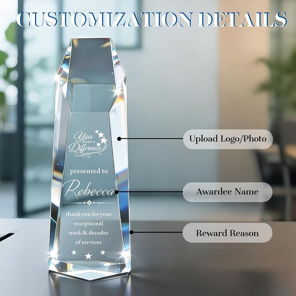 Customizable Crystal Award Trophy with Company Logo Text & Employee Name