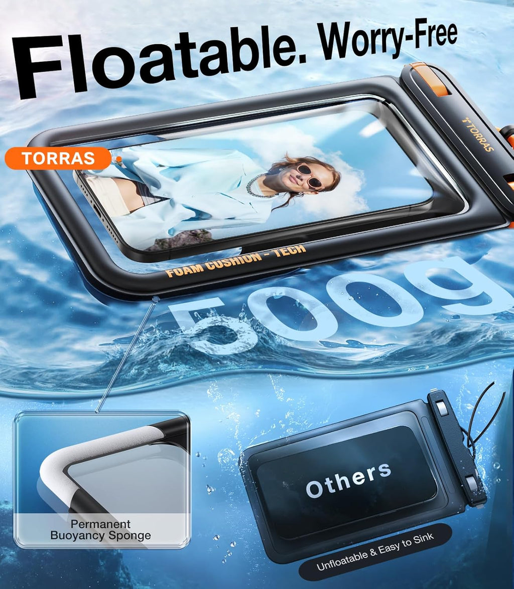 IP68 Waterproof Phone Pouch Floating with Double Space 7.0", Black | Waterproof Phone Case with Crossbody Lanyard