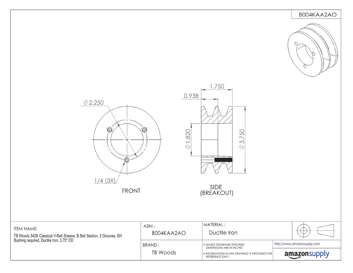TB Woods 342B Classical V-Belt Sheave, B Belt Section, 2 Grooves, SH Bushing required, Ductile Iron, 3.75" OD