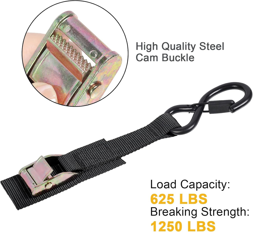 Cam Buckle Tie Down Straps 8ft 1250lbs Break Strength 4 pcs | Securing Straps with S Hooks for Motorcycle, Car