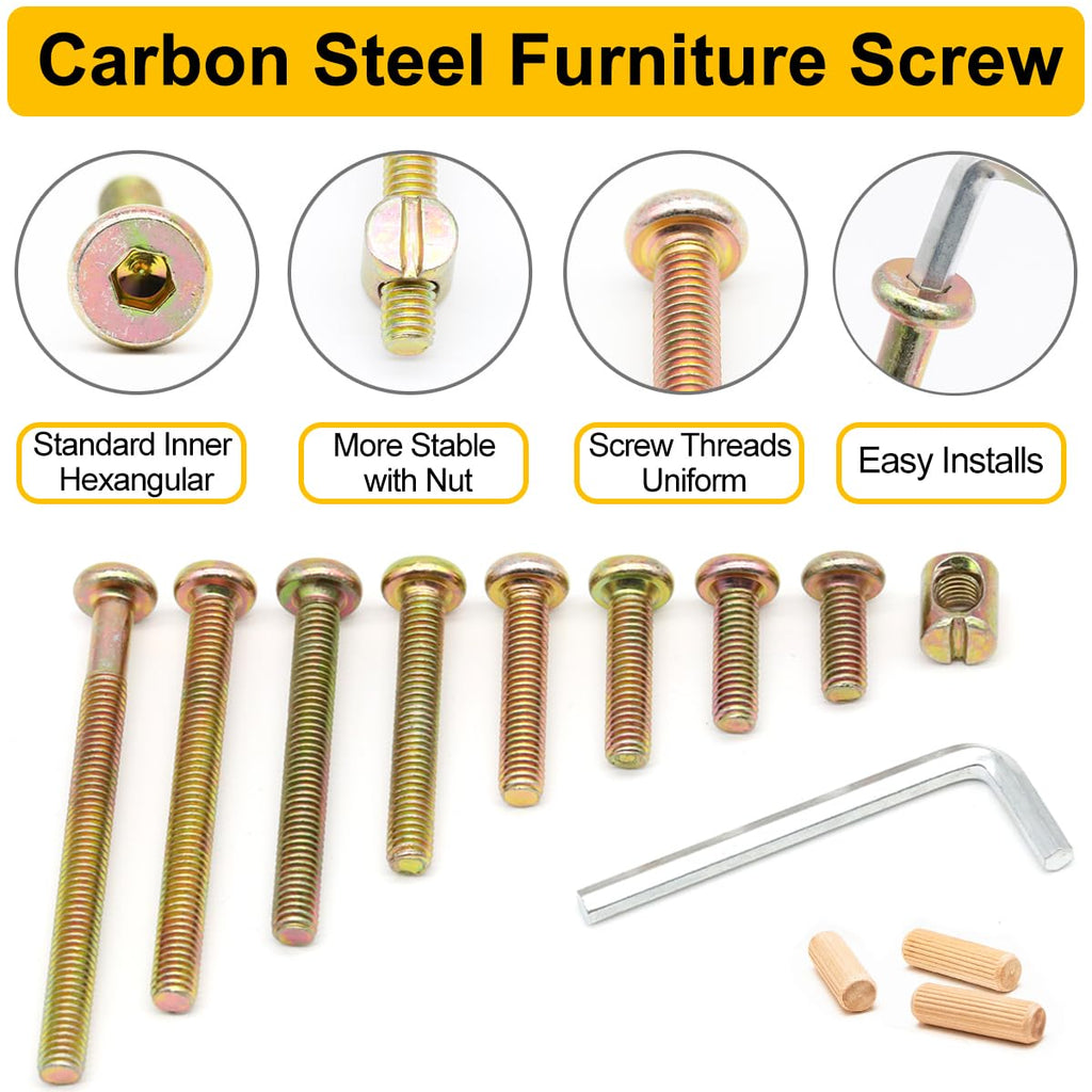 54-Set Crib Screws, Furniture Screws and Nuts Kit, Bed Frame M6 x 16mm/ 20mm/ 25mm/ 30mm/ 40mm/ 50mm/ 60mm/ 70mm/