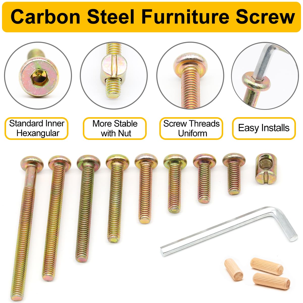 54-Set Crib Screws, Furniture Screws and Nuts Kit, Bed Frame M6 x 16mm/ 20mm/ 25mm/ 30mm/ 40mm/ 50mm/ 60mm/ 70mm/