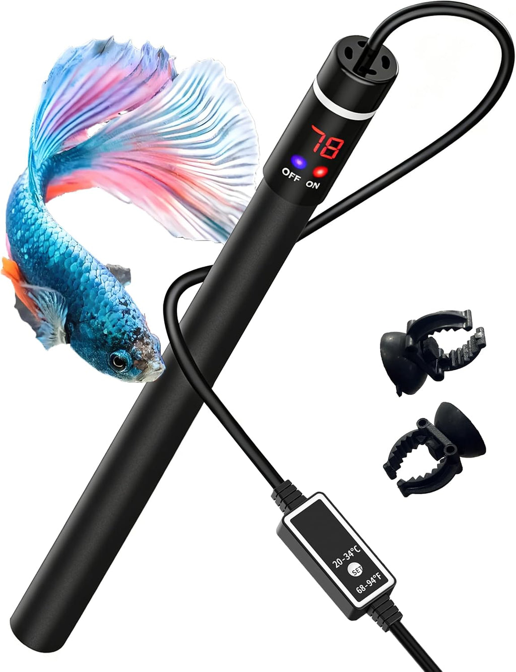50W Titanium Aquarium Heater with LED Digital Display & External Controller – Submersible Fish Tank Heater, Precise
