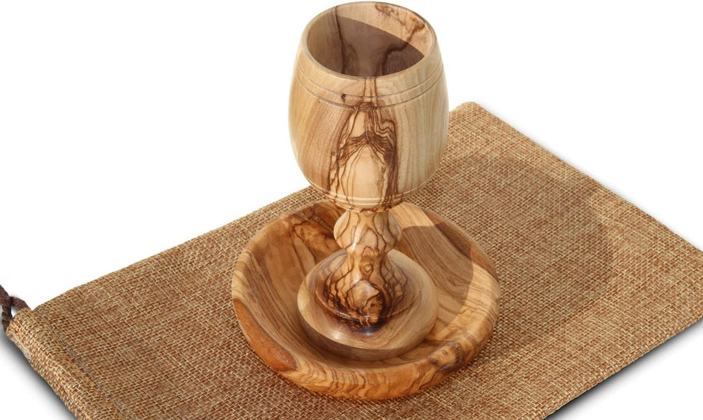 4.5" (Small) Olive Wood Communion Set from Bethlehem – Hand Carved Cup & Bread Tray for Lord's Supper, Eucharist &