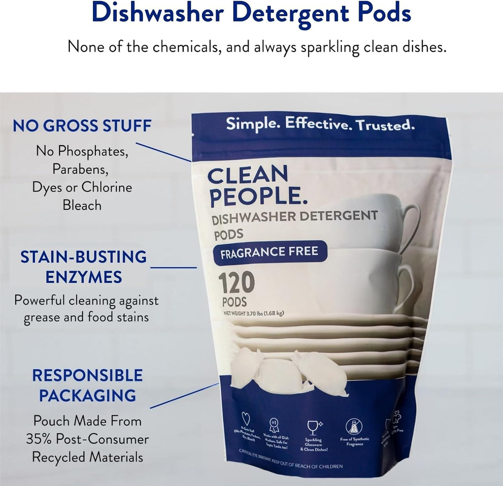 Clean People Dishwasher Pods - Cuts Grease & Rinses Sparkling Clean - Residue-Free - Phosphate Free Dishwashing Pods