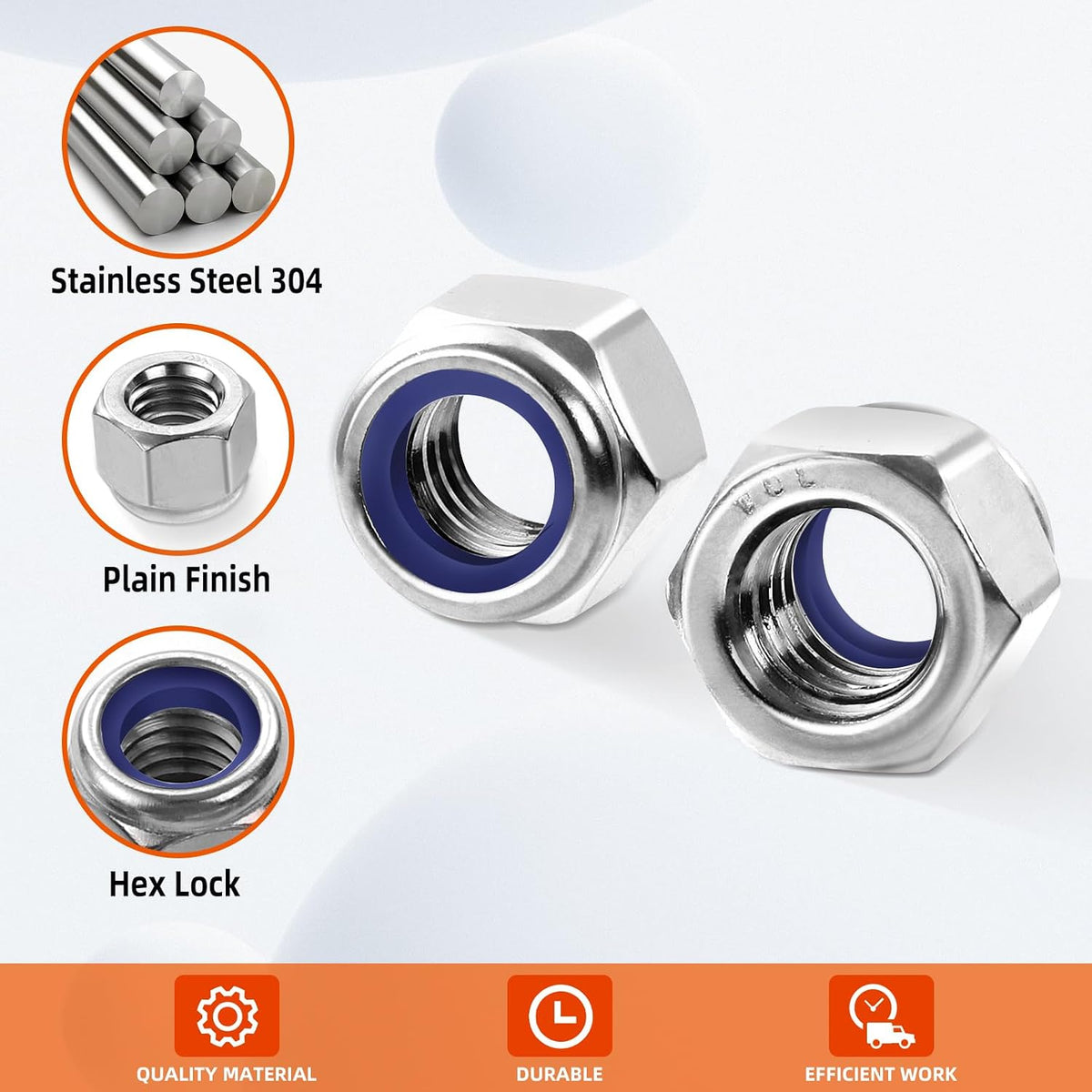 M12 Nylon Insert Hex Lock Nuts Locknuts, Stainless Steel 18-8 (304), Bright Finish, 10 PCS