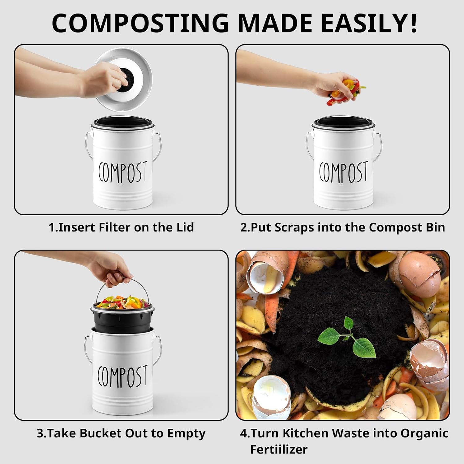 Kitchen Compost Bin, 1 Gallon Countertop Compost Bin with Lid, Indoor Compost Bucket, Includes Inner Bucket Liner and