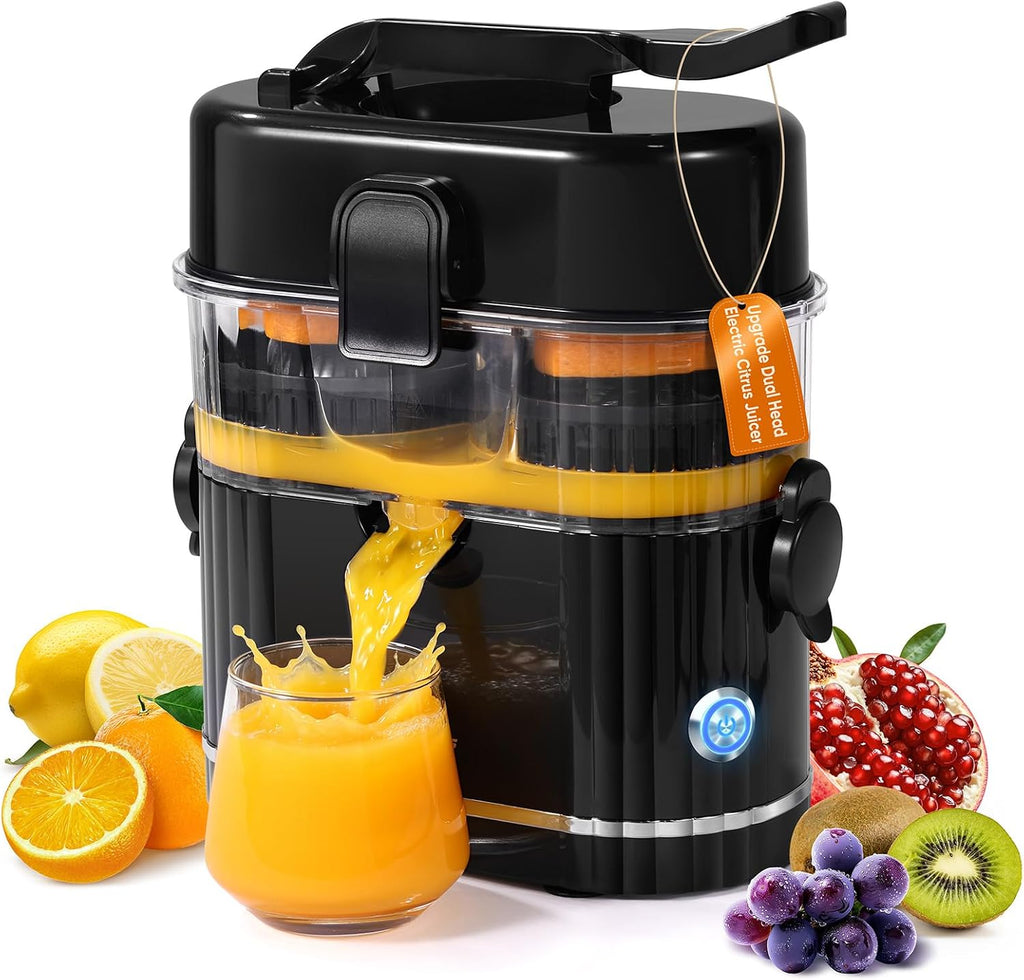 Dual-Head Electric Orange Juicer, Built-in Cutter Citrus Juicer Squeezer with Power Cord & Cleaning Brush, One-Touch