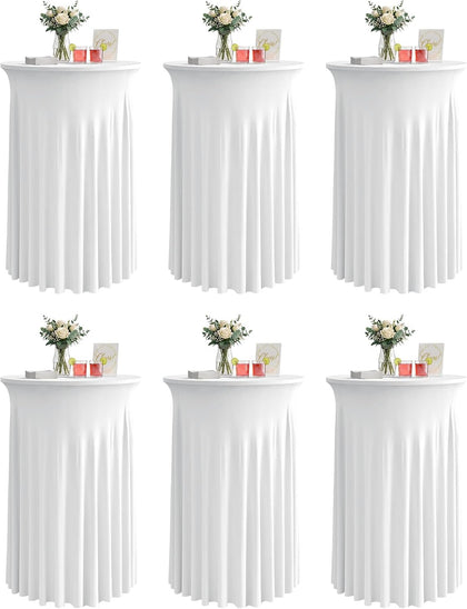 Round Spandex Cocktail Table Covers with Skirts, 32x43 Inch, White, 6 Pack
