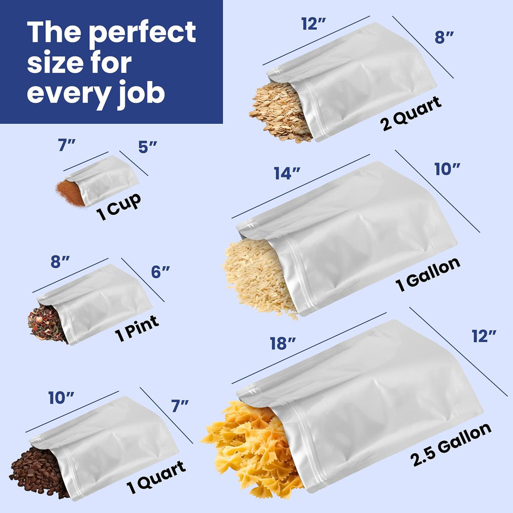 50 Count 1-Quart Gusset Mylar Bags with Labels, 12 Mil Total Thickness Long-Term Food Storage Pouches, 10x7 Stand-Up