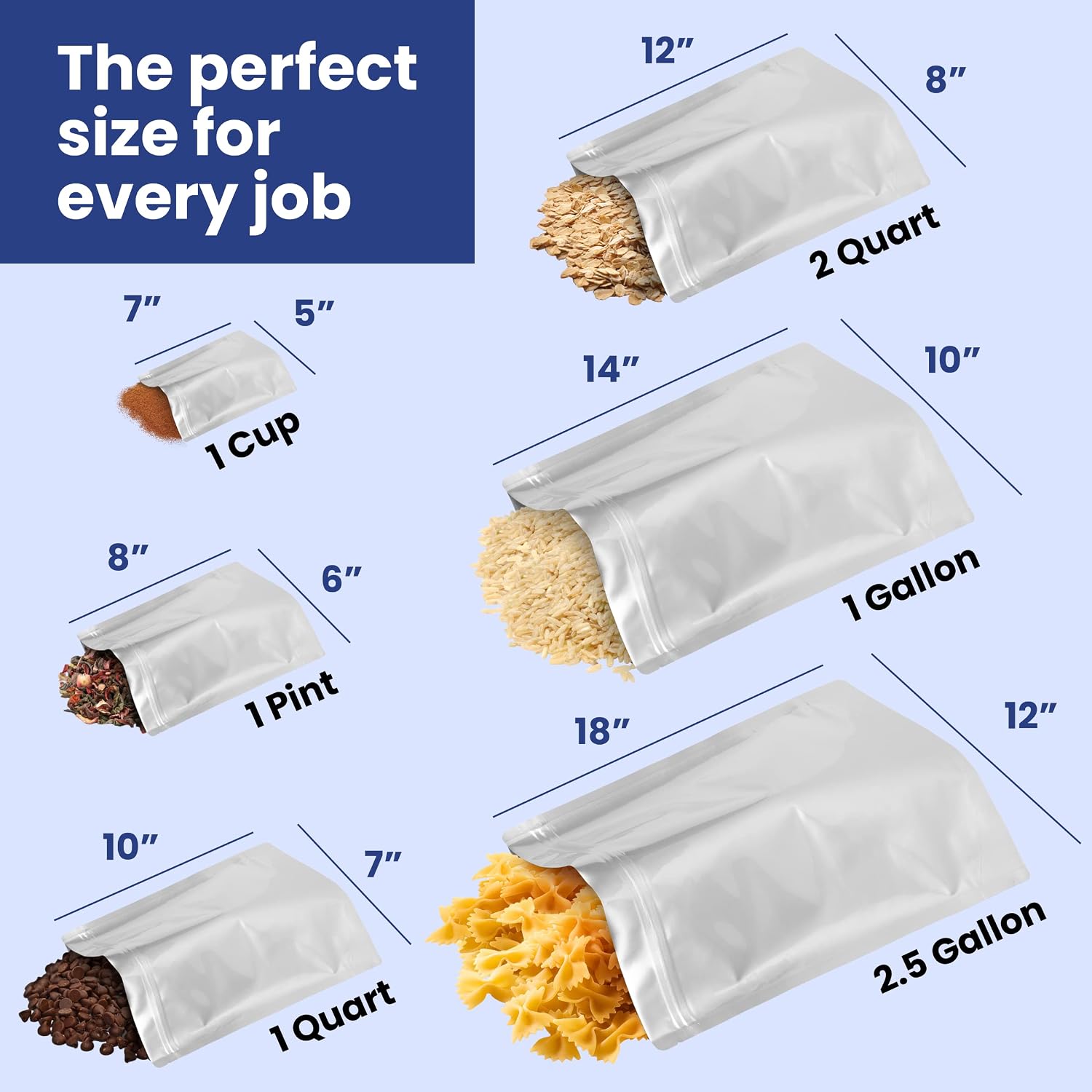 50 Count 1-Quart Gusset Mylar Bags with Labels, 12 Mil Total Thickness Long-Term Food Storage Pouches, 10x7 Stand-Up
